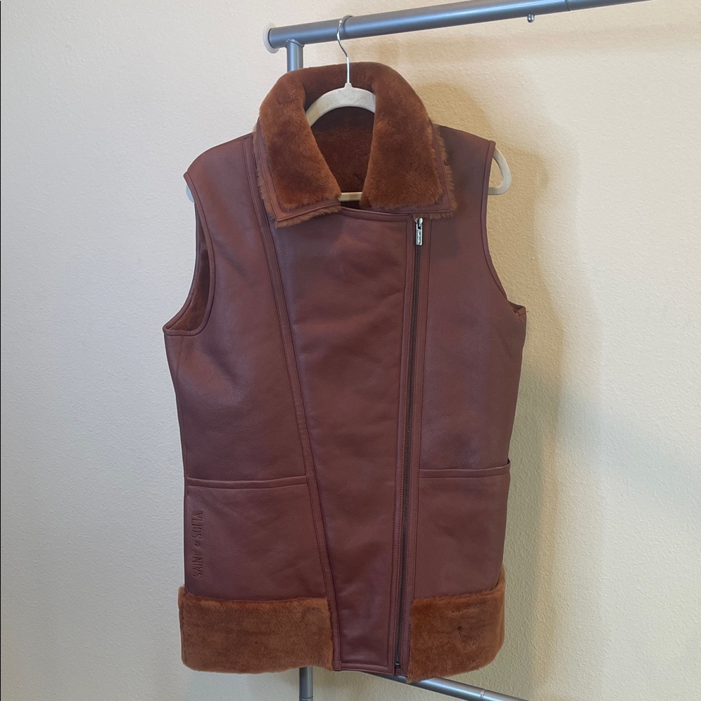 Saint + Sofia Brown Leather Vest with Fur Trim
